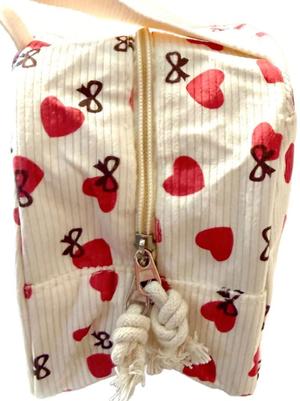 Insulated Heart Lunch Bag Container School Work Travel Cream Corduroy NEW